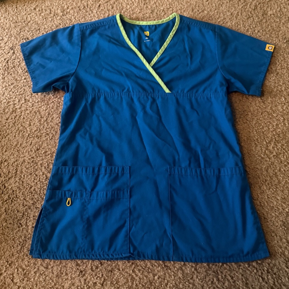 WonderWink Blue Scrub Top with Green Trim